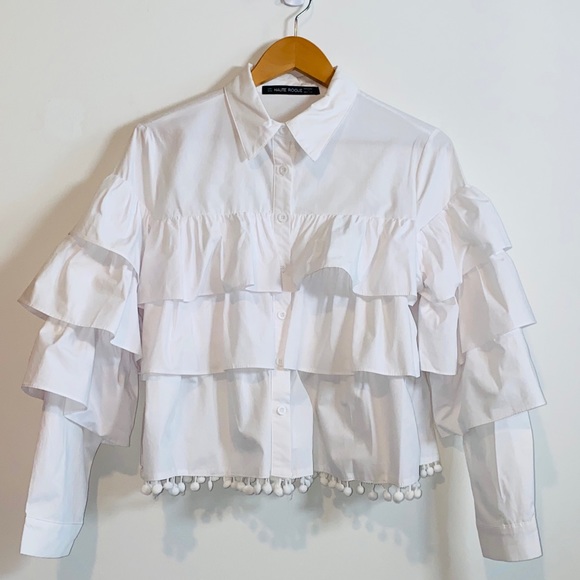 White Button Down Tiered Ruffle Collared Top by Haute Rouge Size L - Picture 2 of 8